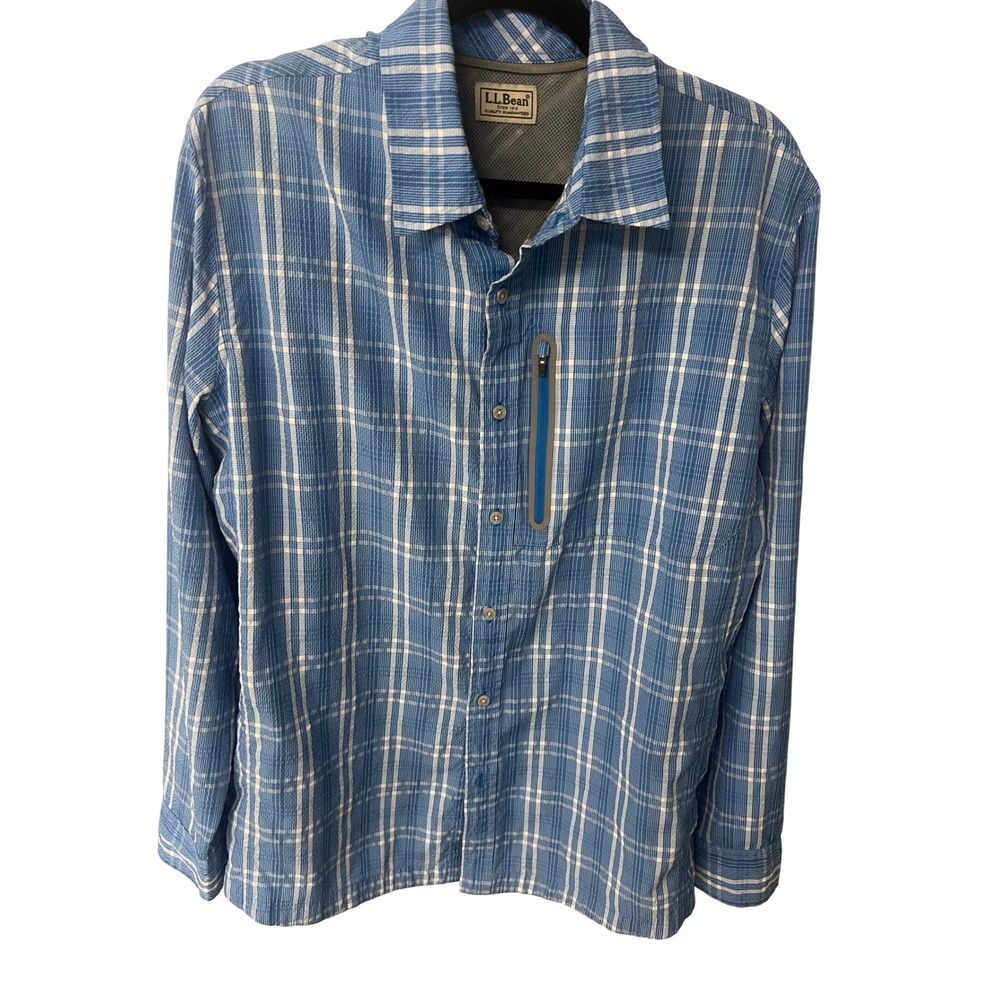 LL Bean Mens Button Up Hiking Shirt Sz L Plaid Blue Performance Outdoor Gorpcore